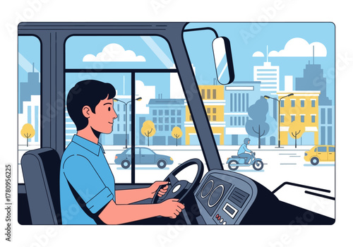 Man driving a bus through a stylized city with cars and a scooter on the road.