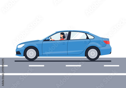 Blue Sedan Car with Driver on Road