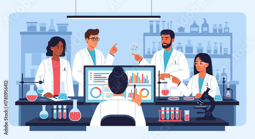 Diverse Team of Scientists Analyzing Data in a Modern Laboratory