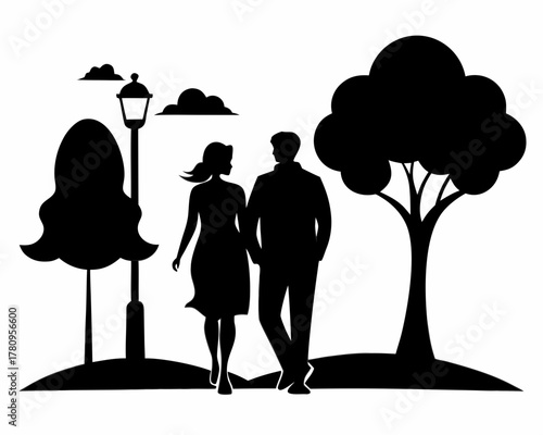 Lovers walking in park silhouette vector isolated on white background