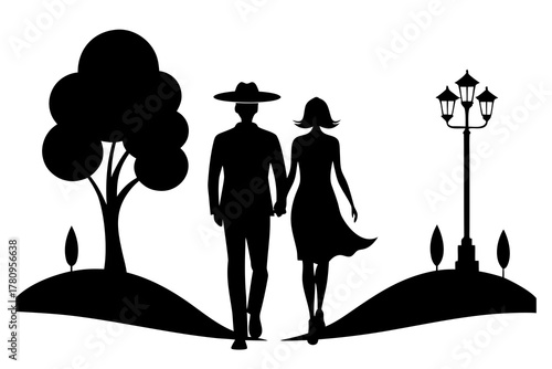Lovers walking in park silhouette vector isolated on white background
