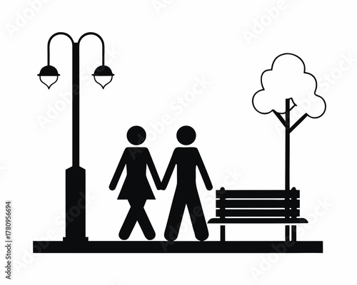 Lovers walking in park icon silhouette vector isolated on white background