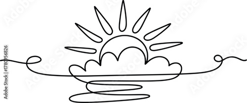 Black line art sun rising over clouds and water sunrise