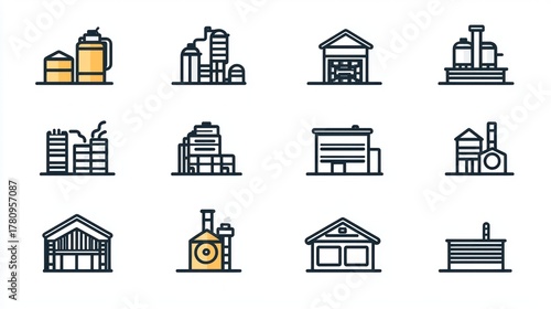 A set of industrial icons with a focus on factories and warehouses.