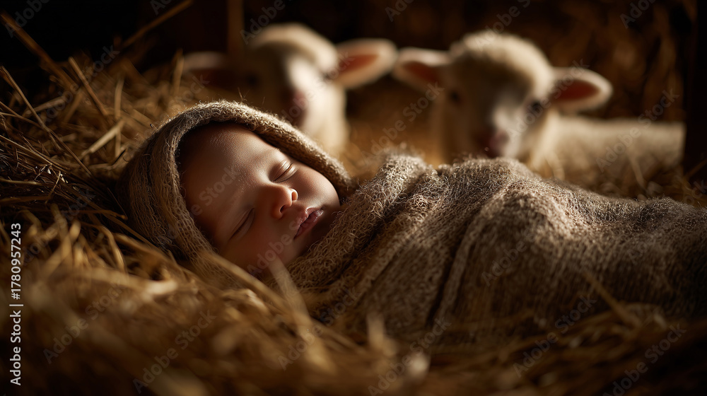 Fototapeta premium Newborn jesus in manger peaceful holy night scene with sleeping baby and sheep in darkness