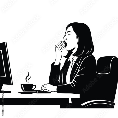 Exhausted businesswoman yawns at desk with coffee and computer.