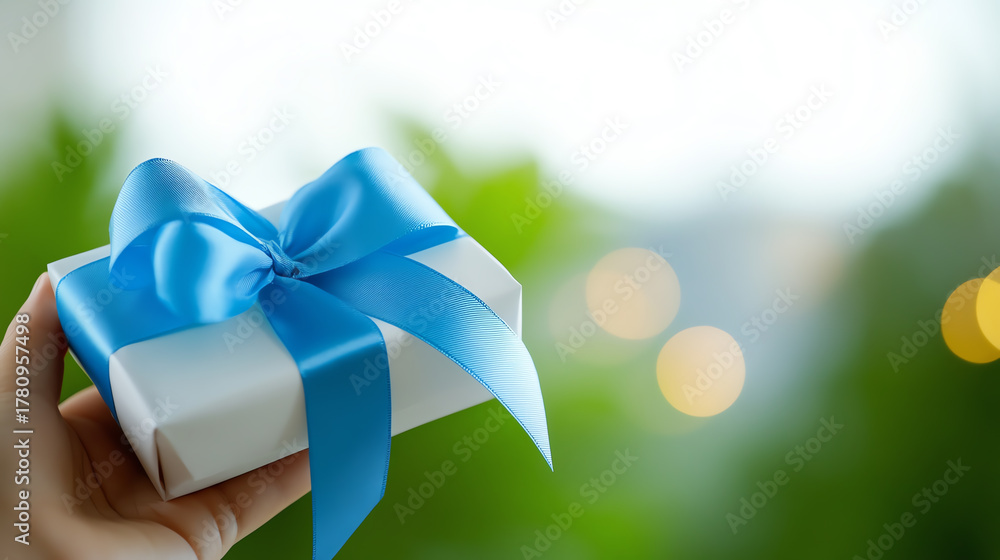 Fototapeta premium A beautifully wrapped gift box with a blue ribbon, symbolizing celebration and joy, set against a soft, blurred background.