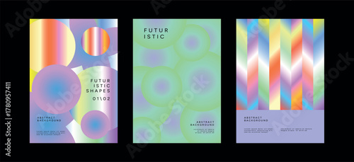 Futuristic abstract posters with neon gradients, holographic textures, soft light effects and minimal typography. Contemporary layouts for digital exhibitions, creative events, tech fairs and branding