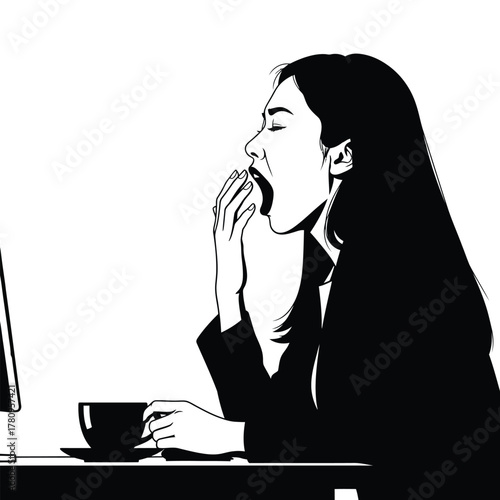 Tired businesswoman yawning at desk with coffee mug in monochrome