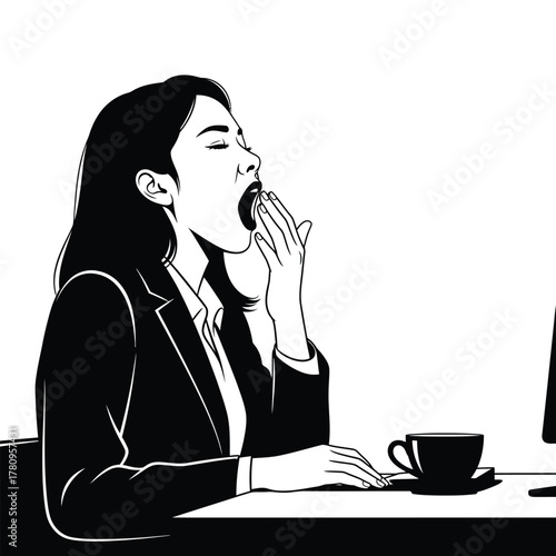 Tired young woman yawning at desk, feeling exhausted by work.