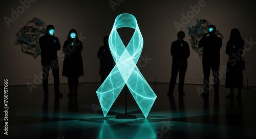 People Silhouettes Surrounding Glowing Teal Awareness Ribbon Art Display