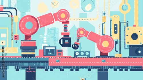 A robot arm is operating on a conveyor belt in a futuristic factory setting.