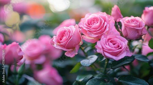 Pink roses in a garden with green leaves.