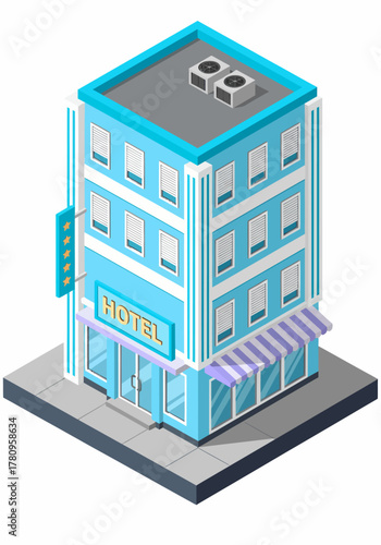 Isometric vector view of a modern cyan hotel building featuring a prominent five-star sign, rooftop HVAC units, and a glass storefront entrance with purple striped awnings