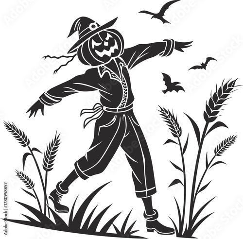 Scarecrow with pumpkin head in wheat field with flying bats illustration