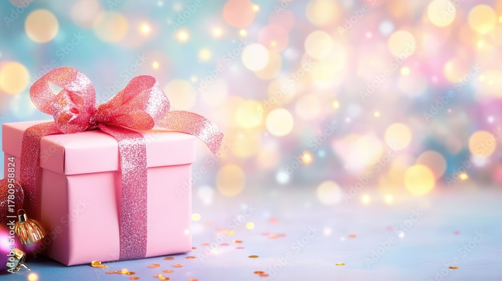 Fototapeta premium Close-up of festive pink box with ribbon and sparkles, glowing bokeh background perfect for party visuals