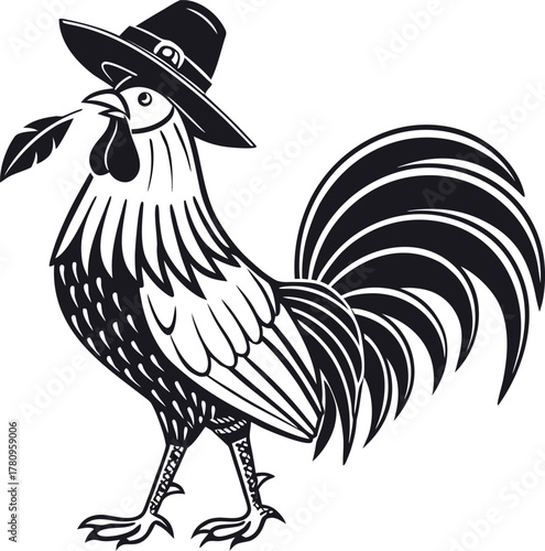 Stylized rooster wearing a pilgrim hat and holding a feather in beak