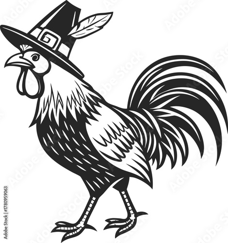 Rooster in pilgrim hat, stylized outline for thanksgiving design element