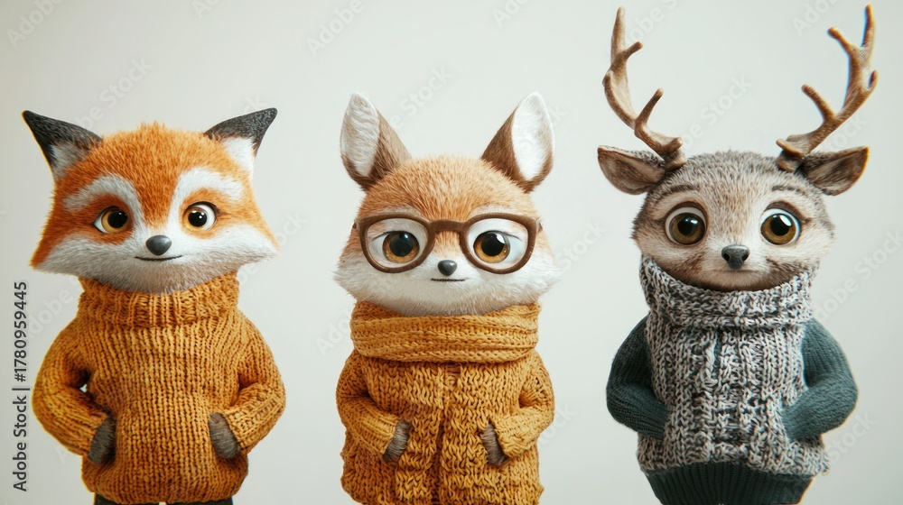 Obraz premium Three anthropomorphic foxes in sweaters with glasses, standing in a row.