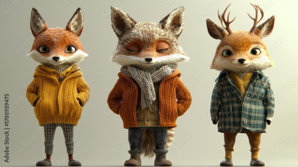 Obraz premium Three anthropomorphic foxes in a cozy, winter setting, wearing knitted sweaters and scarves.