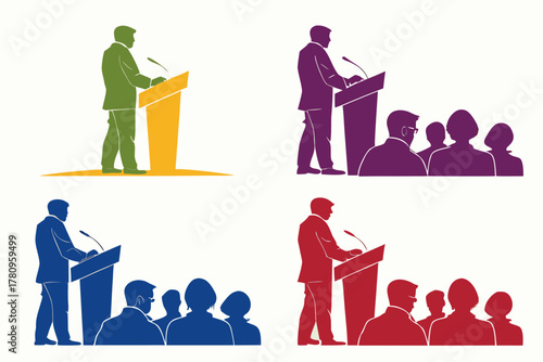 set of Leader speaking to audience silhouette vector isolated on white background