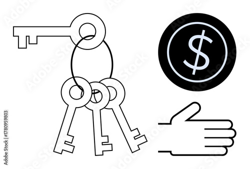 Hand offering keychain with keys alongside a dollar sign, symbolizing investment, success, property ownership, access, wealth, or opportunity. Ideal for finance, real estate savings investment