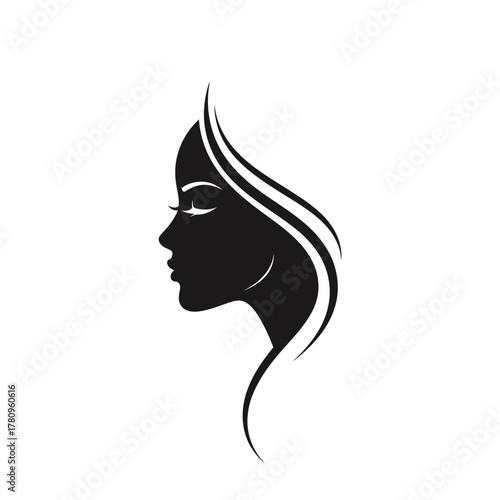 Stylized woman's profile silhouette with flowing hair graphic