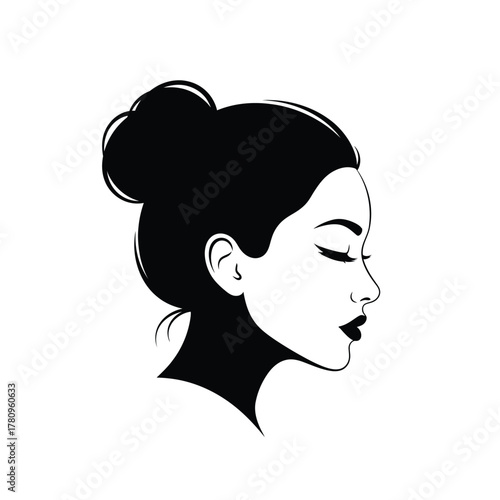 Elegant woman's profile illustration, closed eyes, hair in a bun