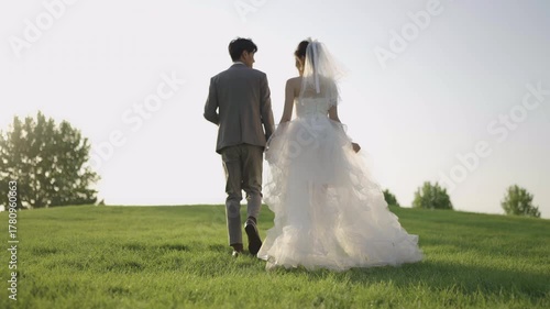 Happy bride and groom walking holding hands on grass