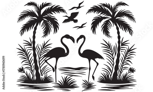 Tropical Flamingo Couple with Palm Trees – Island Lagoon Silhouette Vector