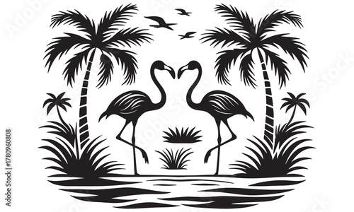 Tropical Flamingo Couple with Palm Trees – Island Lagoon Silhouette Vector