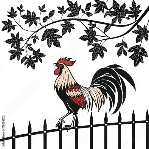 Rooster standing on picket fence with tree branches and leaves above