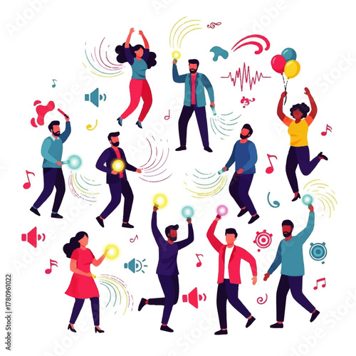 Diverse Group of People Dancing Joyfully with Colorful Lights.