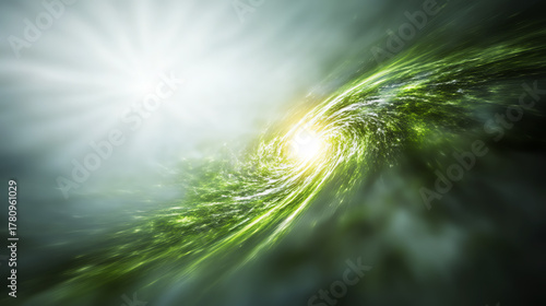 A mesmerizing swirl of light and energy illustrates the beauty of the cosmos in vibrant green hues, captivating the viewer's imagination.