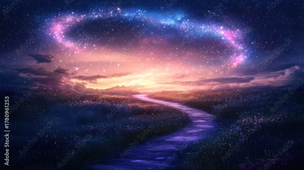 Fototapeta premium A winding path leading towards a starry sky with a large, colorful, circular nebula in the background.