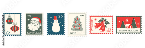 Christmas Vintage Postage Stamp Vector Illustrations, Festive Travel Stickers, Graphics & Elements
