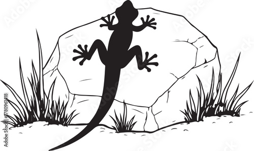 Black lizard silhouette on rock with grass gecko reptile