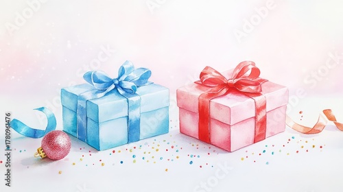 Red and blue ribbon gift boxes painted in watercolor, simple and festive scene on white surface