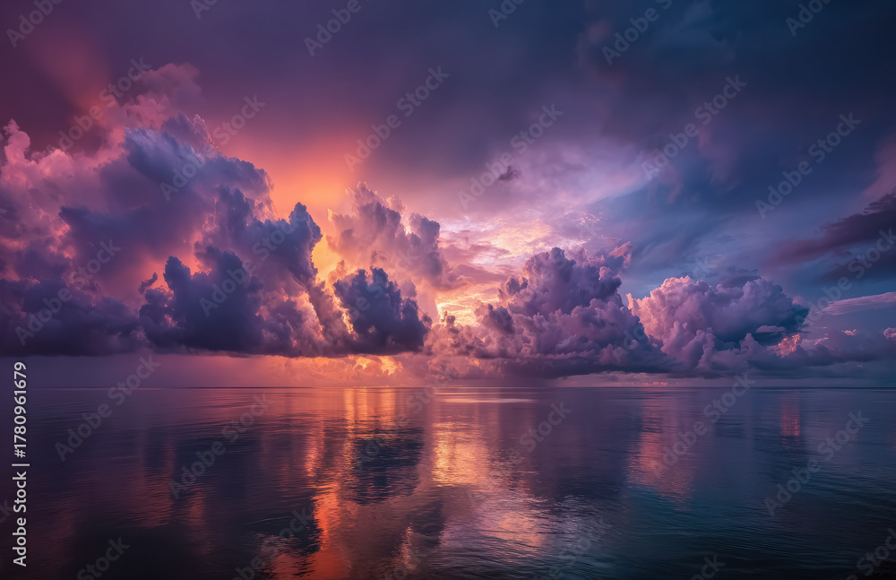 Fototapeta premium A tropical sea view glows with colorful light as the sun sinks below distant islands. The water shimmers gently under a dramatic painted sky.