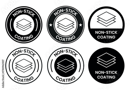 Non Stick Coating icon set. Non Stick Coating of vector labels for kitchen pan or cooking pot. Non Stick Coating logo, label, badge, sticker, symbol, emblem, black, circle, line vector isolated.