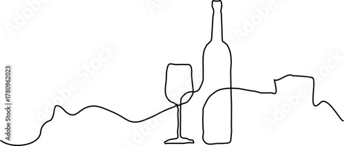 Wine bottle and wine glass drawing with one continuous line Minimal continuous line vector illustration in simple outline sketch style, featuring modern, elegant, and luxurious design with fine art