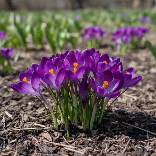Cluster of vibrant purple crocus flowers blooming in spring garden bed