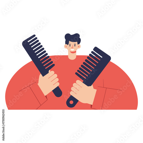 Young man holding two combs in playful pose against white background  