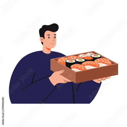 Man holding sushi box with various sushi rolls and fish  