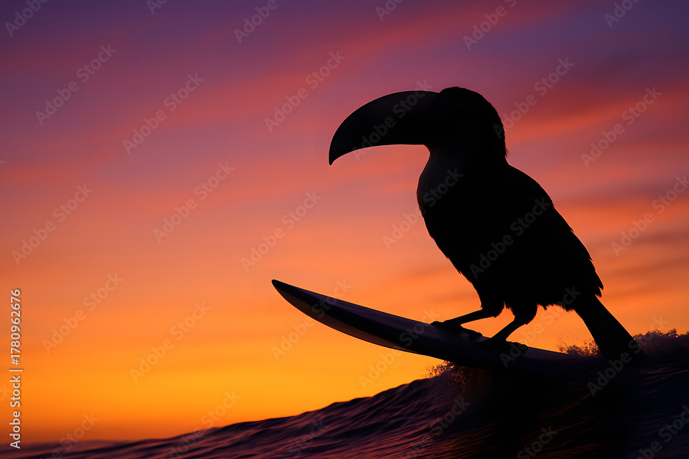 Naklejka premium Toucan Surfing on Wave at Sunset - Whimsical Animal Sports and Tropical Fantasy Concept