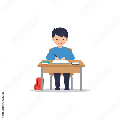 Young boy studying at a desk with books and a backpack  
