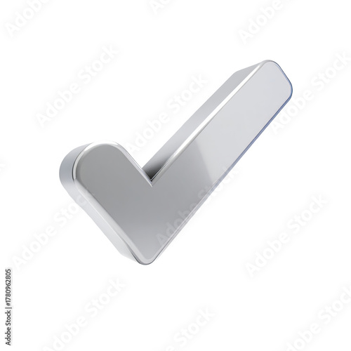 3D rendered silver check mark against a black background, slightly angled