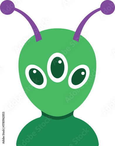 Green alien flat vector icon: three-eyed extraterrestrial design
