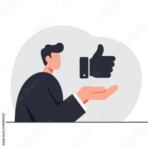 Businessman giving thumbs up sign with hand illustrating positivity  