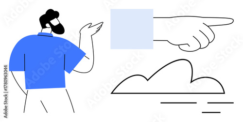 Man gesturing in casual attire, pointing hand emphasizing direction, simplistic cloud illustration. Ideal for leadership, guidance, decision-making, minimalism, creativity, abstract themes simple